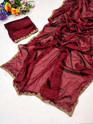 Online Bazaaar Embellished Bollywood Chiffon, Pure Silk Saree(Maroon)