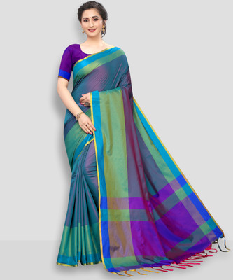 HITESH ENTERPRISE Checkered Bollywood Cotton Silk Saree(Dark Green)
