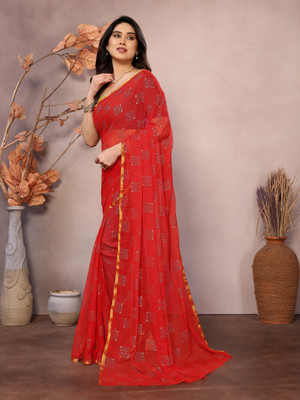 Prutha Fashions Printed Daily Wear Chiffon Saree(Red)