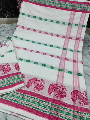 LYANNA Woven, Solid/Plain Assam Silk Handloom Cotton Silk Saree(Multicolor, White)