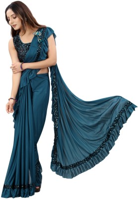 KSENTERPRISE Solid/Plain Bollywood Lycra Blend Saree(Dark Blue)