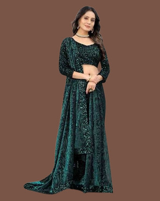 Vragi Solid/Plain Bollywood Lycra Blend Saree(Dark Green)
