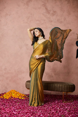 KASEE Solid/Plain Bollywood Silk Blend Saree(Gold)