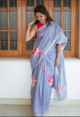 SDGRATITUDE Digital Print, Floral Print Daily Wear Linen Saree(Purple)