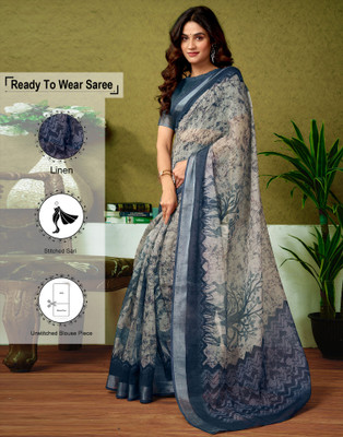 Samah Floral Print, Printed, Embellished Bollywood Linen Saree(Grey, Black)