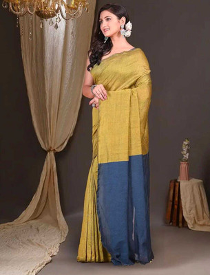 BRYNBRIT Solid/Plain Handloom Cotton Blend Saree(Gold, Blue)