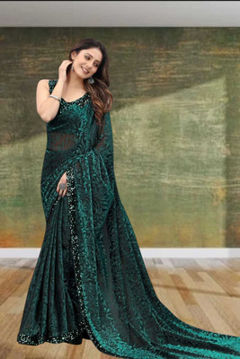 Janvi Boutique Self Design Bollywood Net Saree(Green)