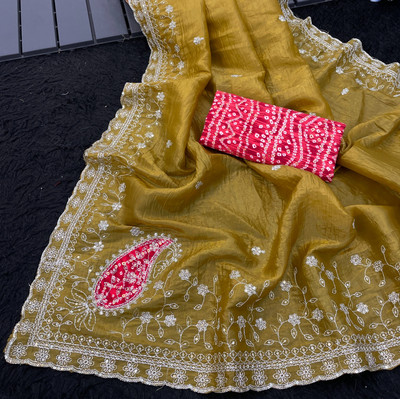 LAJEELEE Embroidered Bollywood Jimmy choo Saree(Yellow)