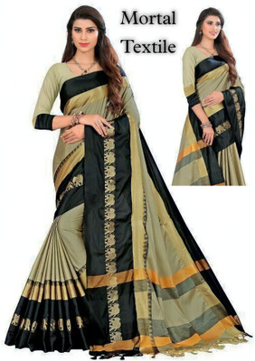 Mortal Textile Solid/Plain Handloom Cotton Silk Saree(Dark Blue)