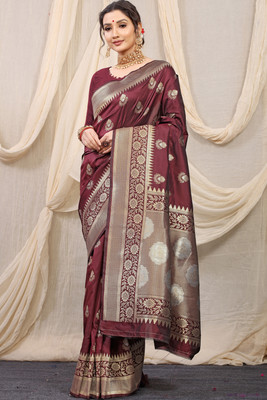 HouseOfCommon Printed, Self Design Banarasi Pure Silk Saree(Maroon)