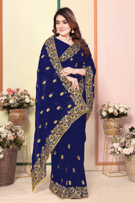 CHAMUNDA CREATION Embroidered Bollywood Georgette Saree(Dark Blue)