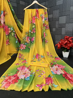 Pemal Designer Floral Print, Printed Bollywood Georgette Saree(Blue)