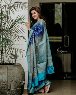 frenzy design Woven, Embellished, Self Design Bollywood Jacquard, Art Silk Saree(Light Blue)