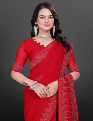 RB studio Embellished, Solid/Plain, Dyed Bollywood Georgette Saree(Red)