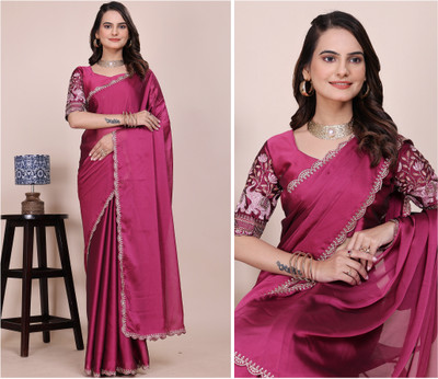 niesha fashion Embroidered, Solid/Plain Bollywood Chiffon Saree(Pink)