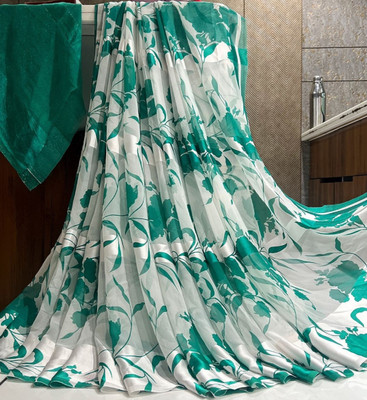 Bombey Velvat Fab Printed, Solid/Plain Pochampally Mulmul, Chiffon Saree(Green, White)