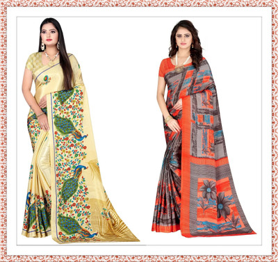 Leelavati Printed Bollywood Crepe Saree(Pack of 2, Gold, Orange)