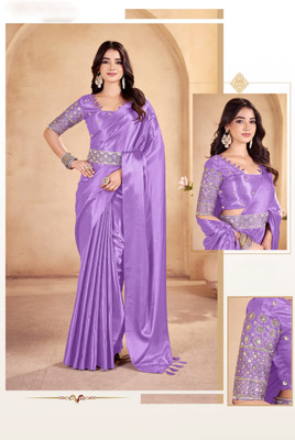 CELEUM Embroidered Bollywood Satin Saree(Purple)