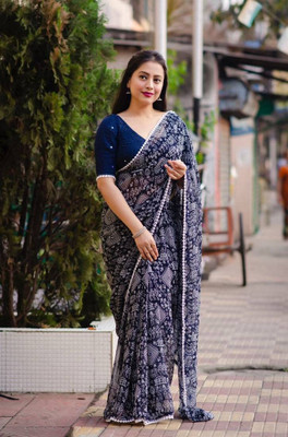 TEN R Geometric Print Bollywood Georgette Saree(Dark Blue)