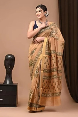 Eddika Floral Print Maheshwari Pure Silk Saree(Beige)