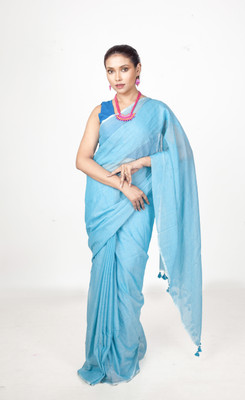 ROOTS Self Design Handloom Pure Cotton Saree(Light Blue)