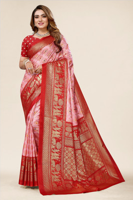 Winza Designer Geometric Print Banarasi Cotton Silk Saree(Red)