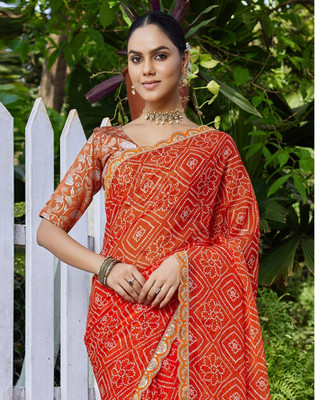 Satrani Printed, Embroidered, Embellished Bandhani Georgette, Chiffon Saree(Orange)