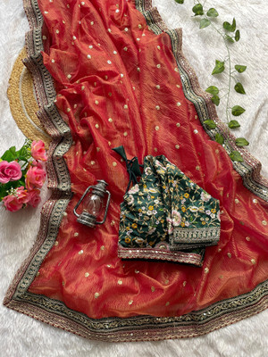 SHIVA Printed, Embroidered, Embellished, Floral Print, Self Design Bollywood Georgette Saree(Red)