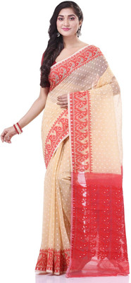 ANU INDIAN FASHION Polka Print, Woven Jamdani Cotton Blend Saree(Cream, Red)
