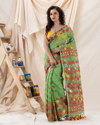 angoshobha Solid/Plain Handloom Cotton Blend Saree(Green)