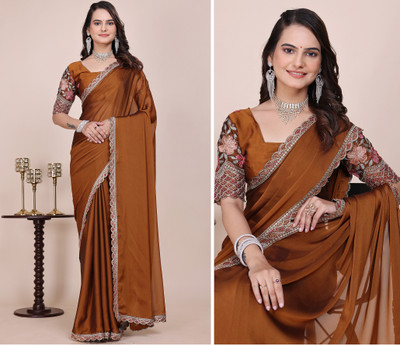 K 5 FASHION Embroidered, Solid/Plain Bollywood Chiffon Saree(Mustard)