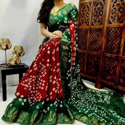harshit designer Printed Bandhani Georgette Saree(Dark Green, Red)