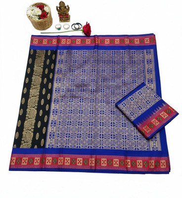 Arzoo kala textiles Woven, Self Design Chanderi Cotton Silk Saree(Pack of 2, Blue, Black, Multicolor)