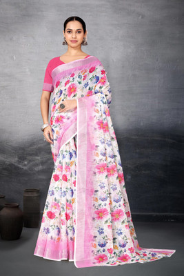 HouseOfCommon Floral Print Bollywood Cotton Linen Saree(White)