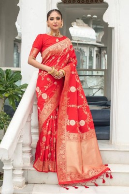 dhruvisha creation Self Design Bollywood Cotton Blend Saree(Red)