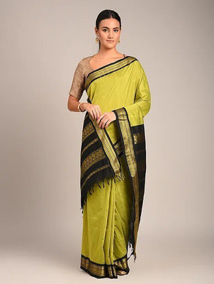 Bansari Textiles Embellished, Applique, Self Design, Woven Bollywood Cotton Silk, Jacquard Saree(Dark Green)