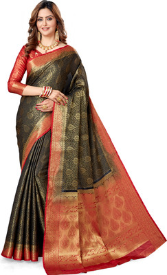M.S.RETAIL Woven Banarasi Silk Blend Saree(Red, Black)