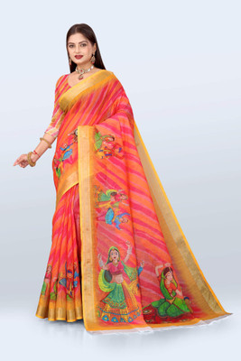 Ethnic Trendz Digital Print Saree with Attached Blouse Cotton Linen Saree(Multicolor)