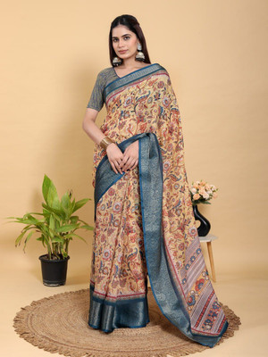 Laxmi Fashion Printed, Floral Print Kalamkari Jacquard, Cotton Silk Saree(Mustard, Beige, Multicolor)