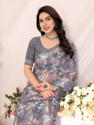 HITESH ENTERPRISE Floral Print Bollywood Cotton Linen Saree(Grey)