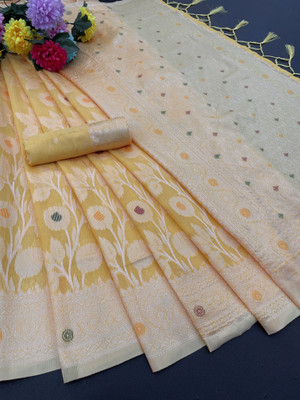 Bhavya Laxmi Textiles Woven Banarasi Cotton Linen Saree(Yellow)