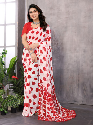 NIRMOHIFASHION Printed Bollywood Georgette Saree(Red, White)