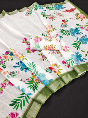 Soham Enterprise Digital Print Banarasi Cotton Linen Saree(Multicolor)