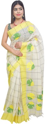 KheyaliBoutique Printed Tant Pure Cotton Saree(White, Yellow)