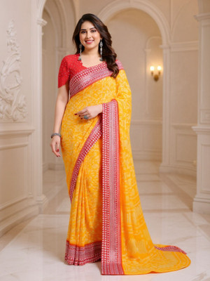 SmittenSmit Printed Bollywood Georgette Saree(Yellow, Red)