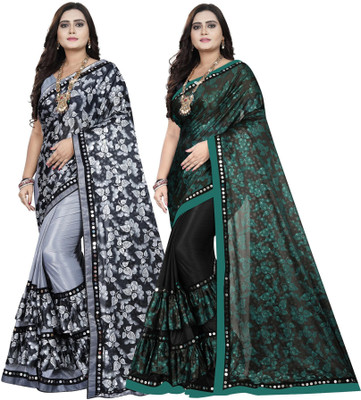 DECOFIN Embellished, Floral Print Bollywood Lycra Blend Saree(Pack of 2, Grey, Green)