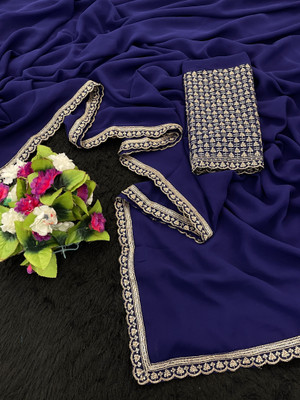 V AMAN FASHION Solid/Plain, Self Design, Embroidered Bollywood Chiffon Saree(Blue)