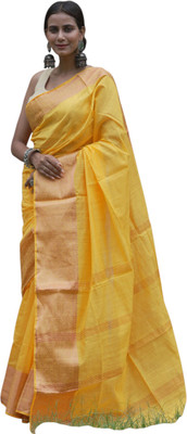mynok Paisley, Woven Handloom Handloom Cotton Linen Saree(Yellow)