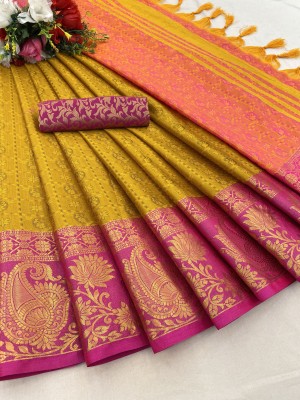 Aika Woven Banarasi Cotton Silk Saree(Mustard, Pink)