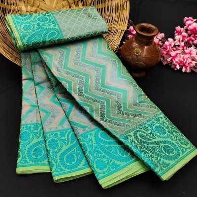 KRIYANSH Self Design, Applique, Woven, Embellished, Temple Border Banarasi Jacquard, Cotton Silk Saree(Light Green)